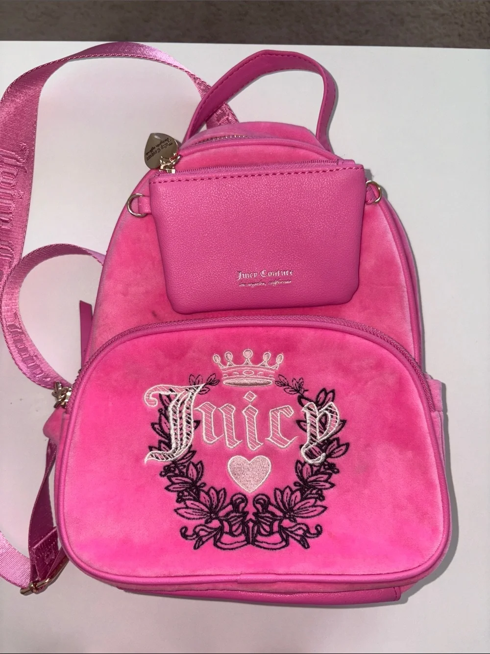 Juicy Couture Hot Pink Velvet Mini Backpack with Embroidered Crest